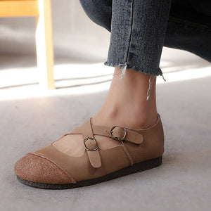 beige Women's vintage genuine leather cross straps flats
