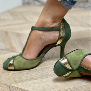 Women's vintage green & gold suede T-strap pumps