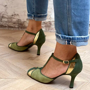 Women's vintage green & gold suede T-strap pumps