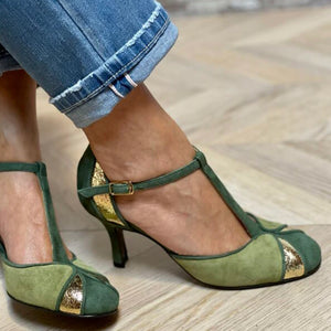 Women's vintage green & gold suede T-strap pumps