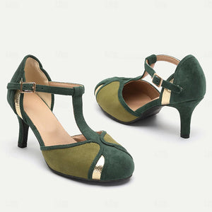 Women's vintage green & gold suede T-strap pumps