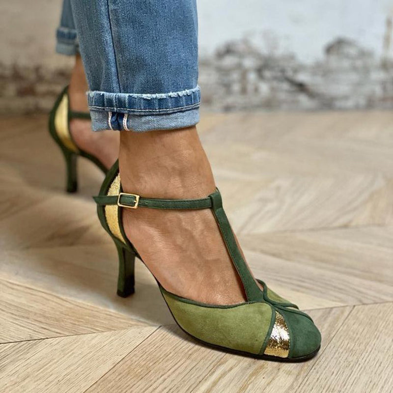 Women's vintage green & gold suede T-strap pumps