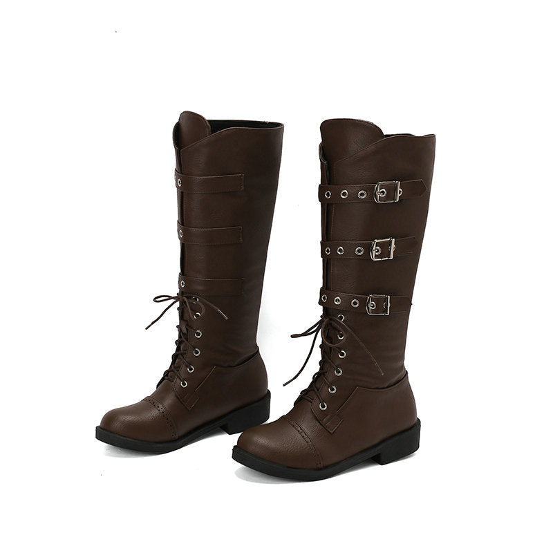 brown Women's vintage knee high biker boots with buckles
