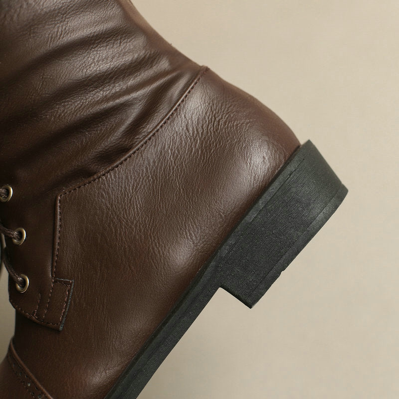 brown Women's vintage knee high biker boots with buckles
