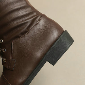 brown Women's vintage knee high biker boots with buckles
