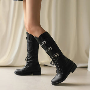 Women's vintage knee high biker boots with buckles