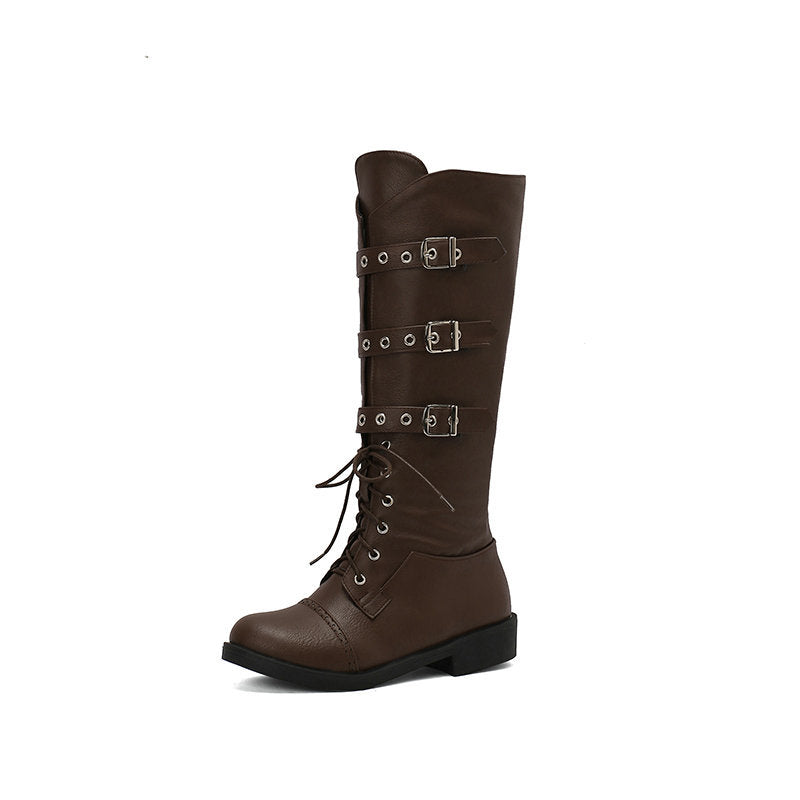 brown Women's vintage knee high biker boots with buckles