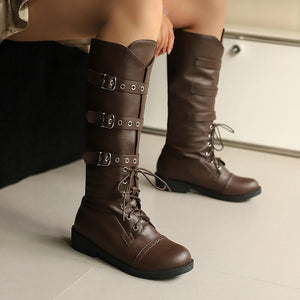 Women's vintage knee high biker boots with buckles