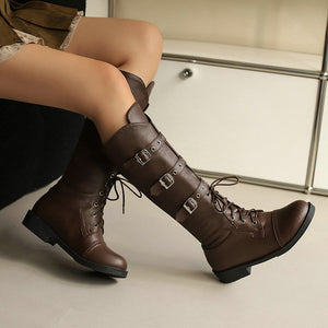 brown Women's vintage knee high biker boots with buckles
