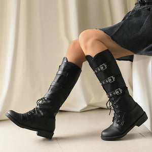 Women's vintage knee high biker boots with buckles