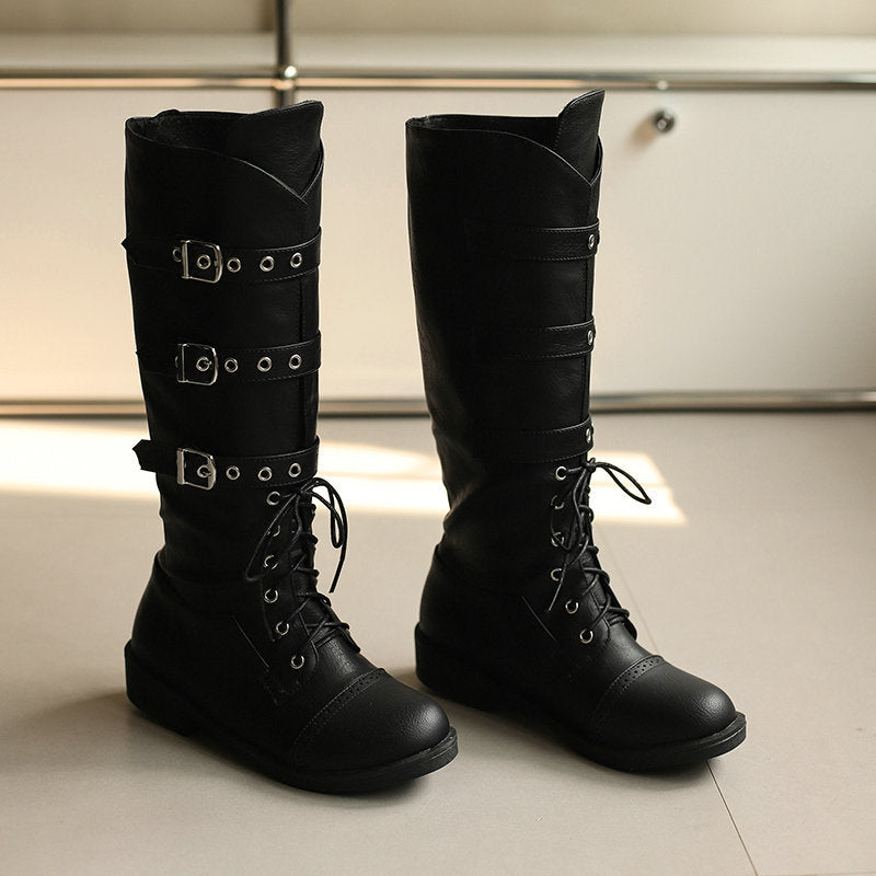 black Women's vintage knee high biker boots with buckles