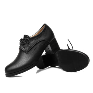 black Women's vintage lace-up mid block heels oxfords