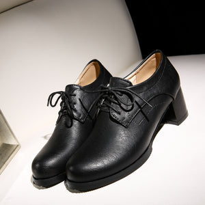black Women's vintage lace-up mid block heels oxfords