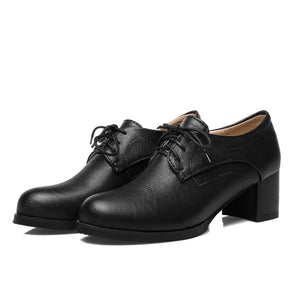black Women's vintage lace-up mid block heels oxfords