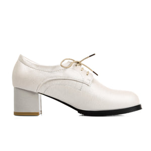 beige Women's vintage lace-up mid block heels oxfords
