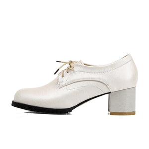 beige Women's vintage lace-up mid block heels oxfords