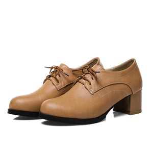 apricot Women's vintage lace-up mid block heels oxfords