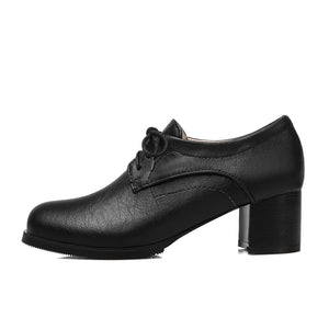 black Women's vintage lace-up mid block heels oxfords