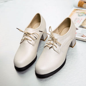 beige Women's vintage lace-up mid block heels oxfords