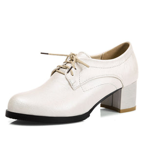 beige Women's vintage lace-up mid block heels oxfords