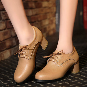Women's vintage lace-up mid block heels oxfords