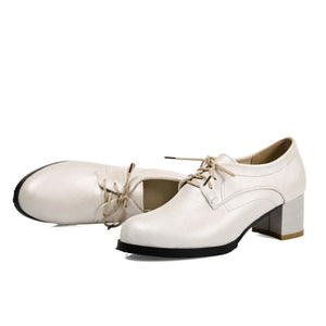 beige Women's vintage lace-up mid block heels oxfords
