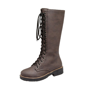 brown Women's vintage lace-up mid calf boots