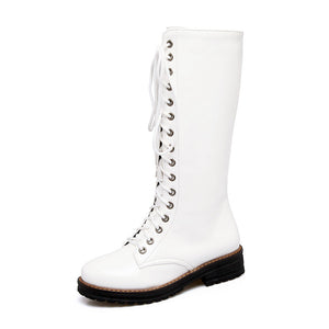 white Women's vintage lace-up mid calf boots