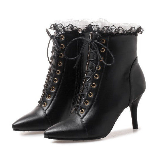 Women's vintage lace trim dress booties