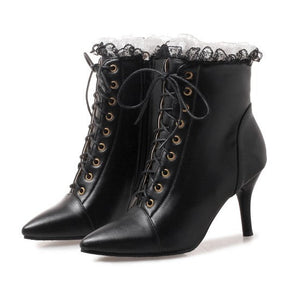 black Women's vintage lace trim dress booties