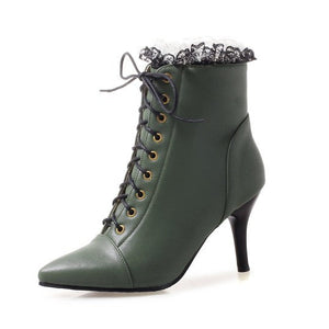 green Women's vintage lace trim dress booties