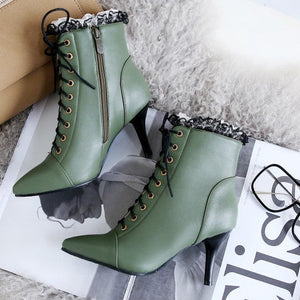 green Women's vintage lace trim dress booties