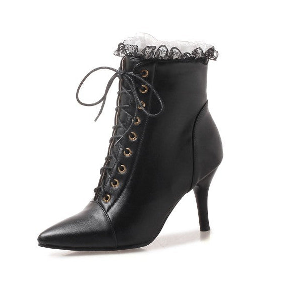 Women's vintage lace trim dress booties