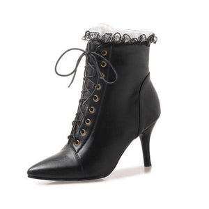 Women's vintage lace trim dress booties
