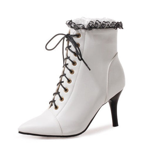 white Women's vintage lace trim dress booties