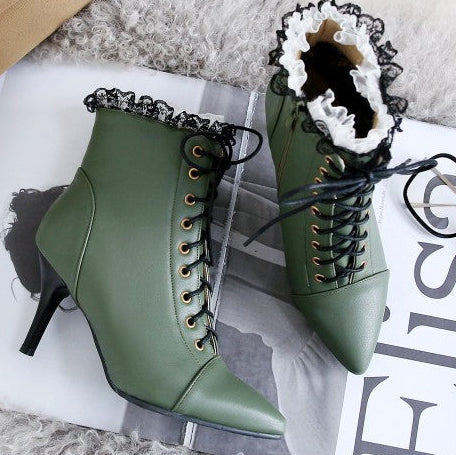 green Women's vintage lace trim dress booties
