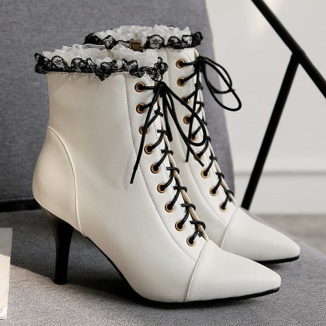 white Women's vintage lace trim dress booties