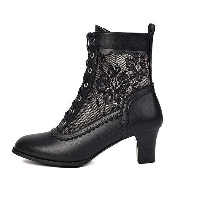black Women's vintage mesh lace chunky heels Victorian boots