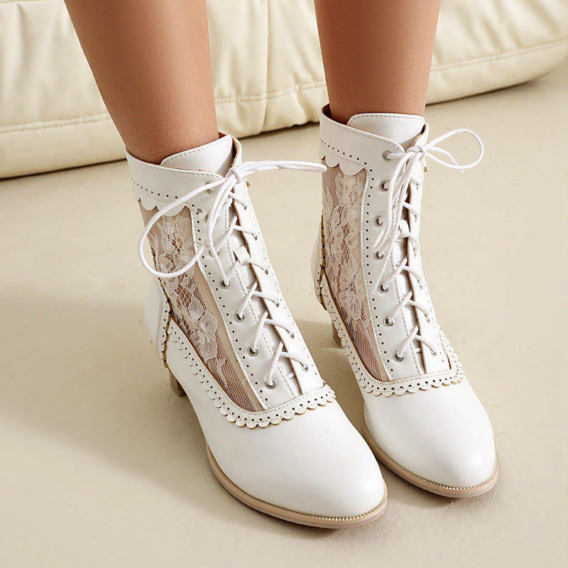 Women's vintage mesh lace chunky heels Victorian boots
