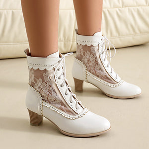 Women's vintage mesh lace chunky heels Victorian boots