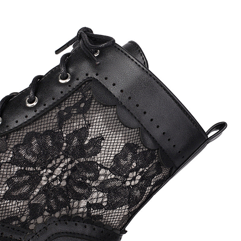 black Women's vintage mesh lace chunky heels Victorian boots