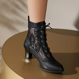 black Women's vintage mesh lace chunky heels Victorian boots