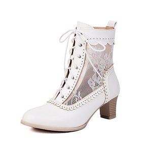 white Women's vintage mesh lace chunky heels Victorian boots