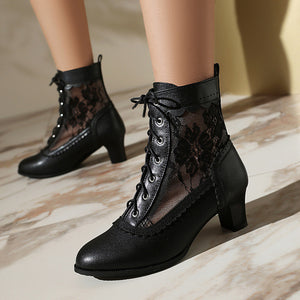 black Women's vintage mesh lace chunky heels Victorian boots