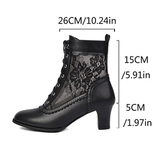black Women's vintage mesh lace chunky heels Victorian boots