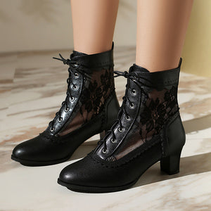 Women's vintage mesh lace chunky heels Victorian boots