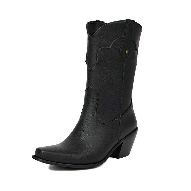 black Women's vintage mid calf Mid block heels western boots
