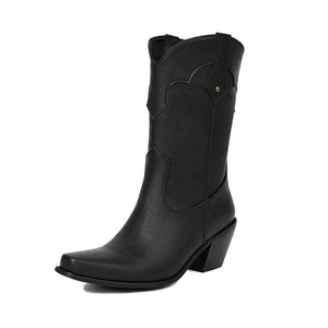 black Women's vintage mid calf Mid block heels western boots