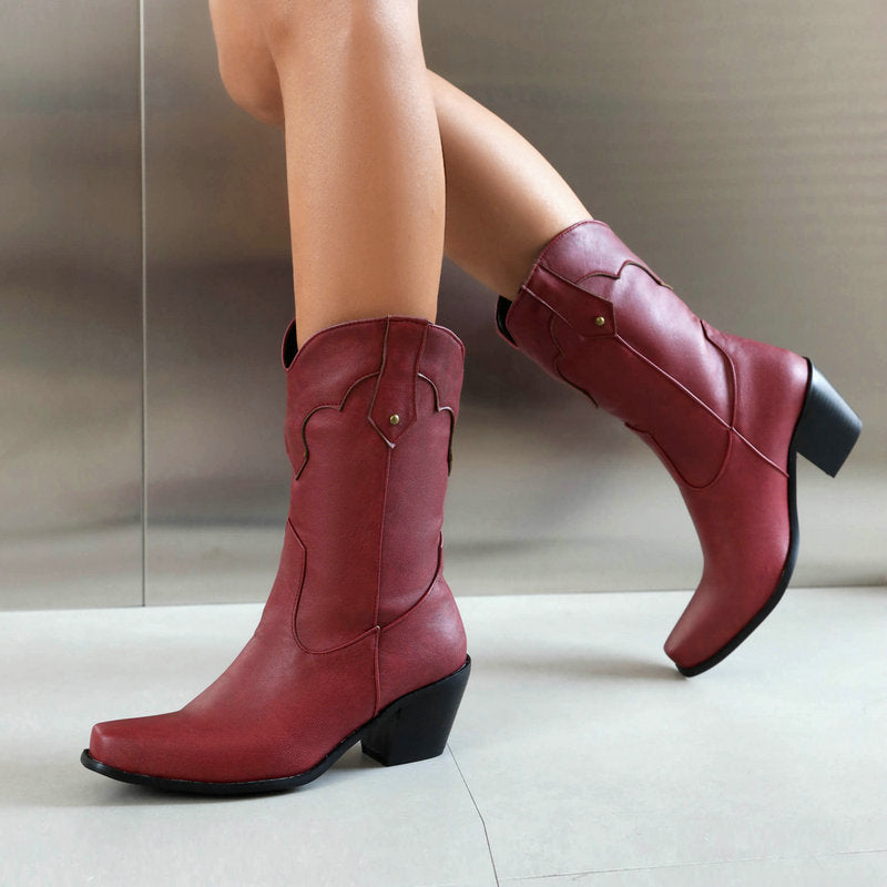 Women's vintage mid calf Mid block heels western boots