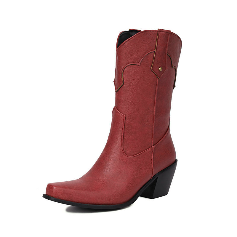 burgundy Women's vintage mid calf Mid block heels western boots